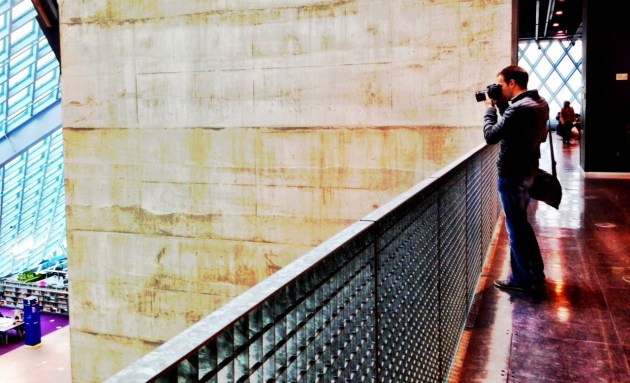 Thomas getting a shot of Seattle's public library